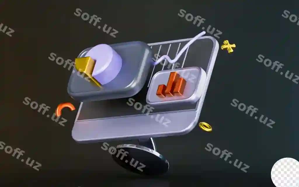 To'q fonli, doira shaklidagi grafik belgisi bo'lgan kompyuter monitori 3D render konsepsiyasi | Computer monitor with pie chart sign dark background 3d render concept