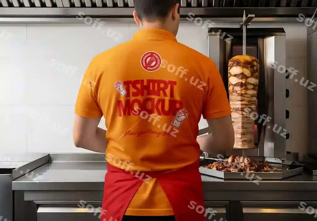 Oshpaz shawarma tayyorlashda futbolka mockup bilan | Chef preparing shawarma with t shirt mockup 2
