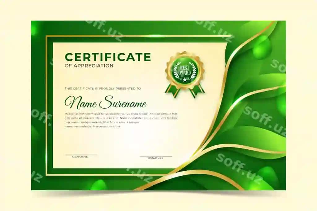 Ekologik sertifikat shabloni abstrakt yashil barglar bilan | Environmental certificate template with abstract green leaves
