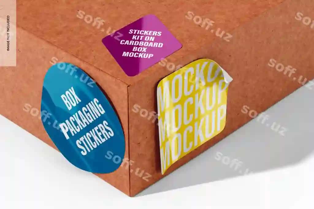 Nakleyka komplekti karton qutining namunasi yuqori burchak ko'rinish | Stickers kit cardboard box mockup high angle view