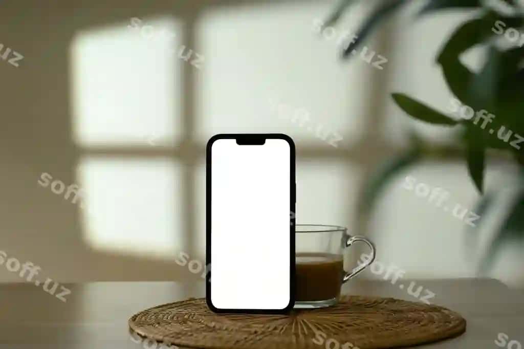 Akillı telefon bo'sh oq ekran tik holda yog'och stol ustida ko'kcha kofe | Smartphone with blank white screen standing upright wooden table cup coffee