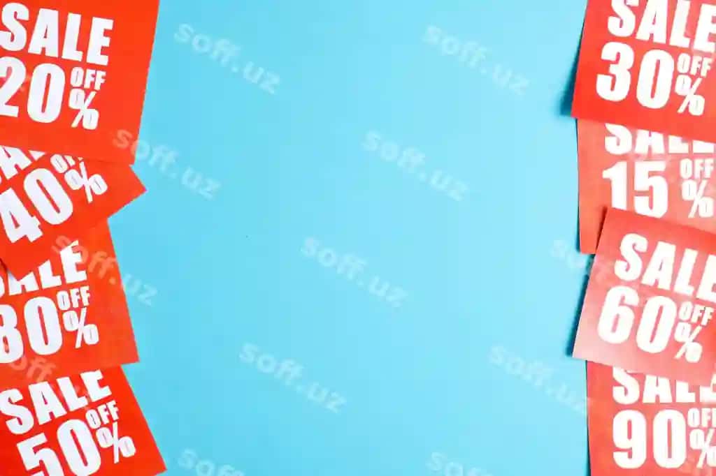 Sotuv etiketlari turli xil foizlarni qizil varaqga bosib chop etilgan, har ikatta tomoni ko'k. | Sales labels various percentages printed red paper both sides blue