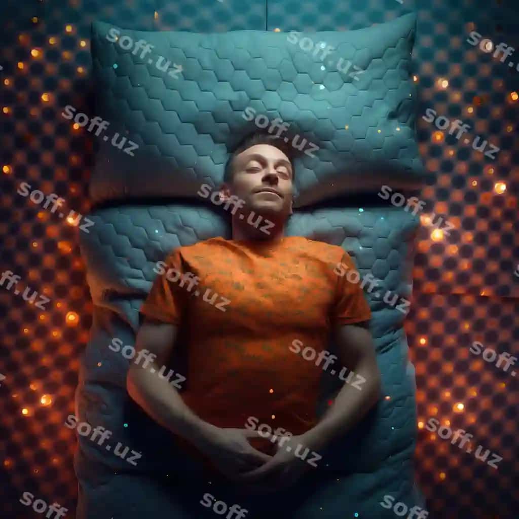 Erkak matraxtada uyquda ko'k pillo bilan sariq yorqin fon. | Man is sleeping bed with blue pillow yellow light background