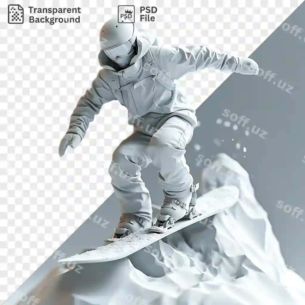 Isolatsiya qilingan 3D snoubordchı qorliq maysiqda oq qalpak kiyinayotgan, qora va oq. | Isolated 3d snowboarder snowy slope wearing white helmet black white