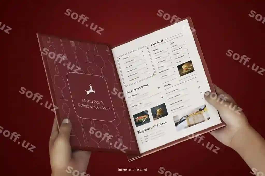 Restoran menyu kitobi tahrirlanga olgan namuna ochilgan sahifalar qoliq bilan tutilgan | Restaurant menu book editable mockup open pages with hand holding