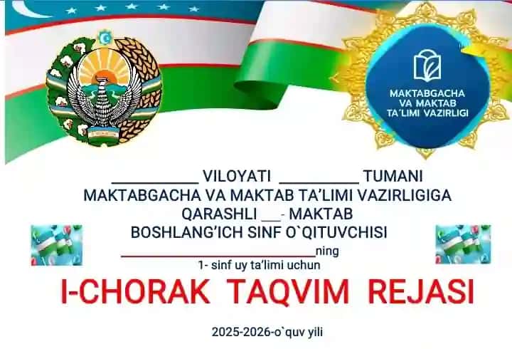1 - sinf uy ta'limi taqavim rejasi
