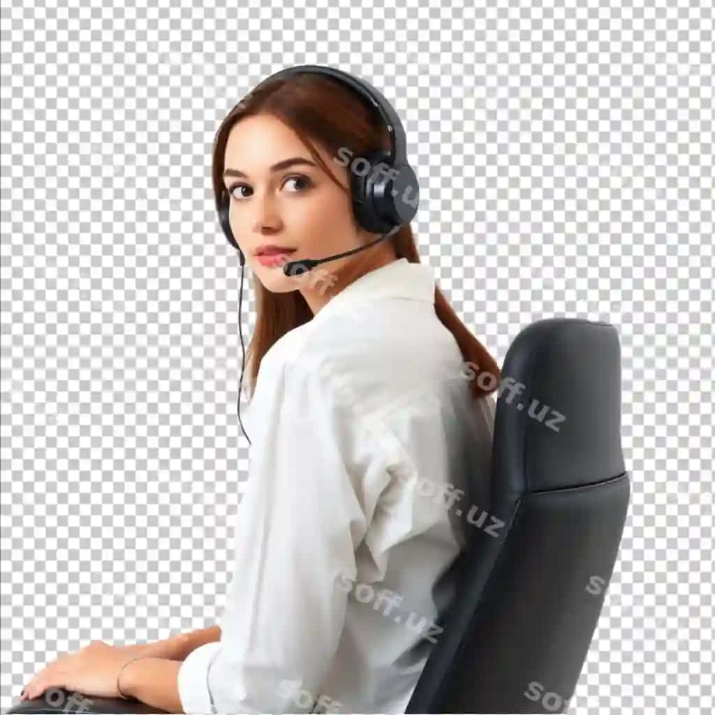 Yosh ayol operator naushniklar bilan oq kofte kiygan stulda o'tirgan. | Young female operator with headphones dressed white shirt sits chair