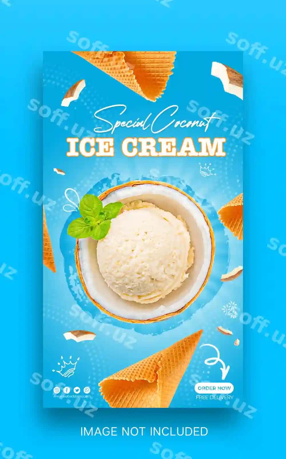 Mumtaho nong'om muzlatilgan shirinlik ijtimoiy tarmoqlar banneri Instagram post dizayni | Delicious coconut ice cream social media banner instagram post design