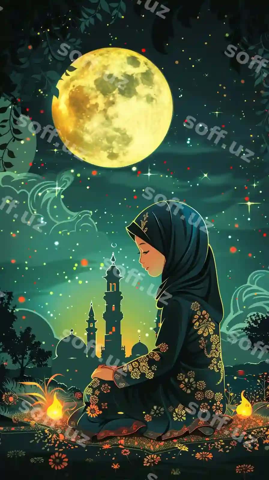 Diniiy ko'k rangli hayit orqa fon dizayni masjid bilan | Religious blue color eid background design with mosque