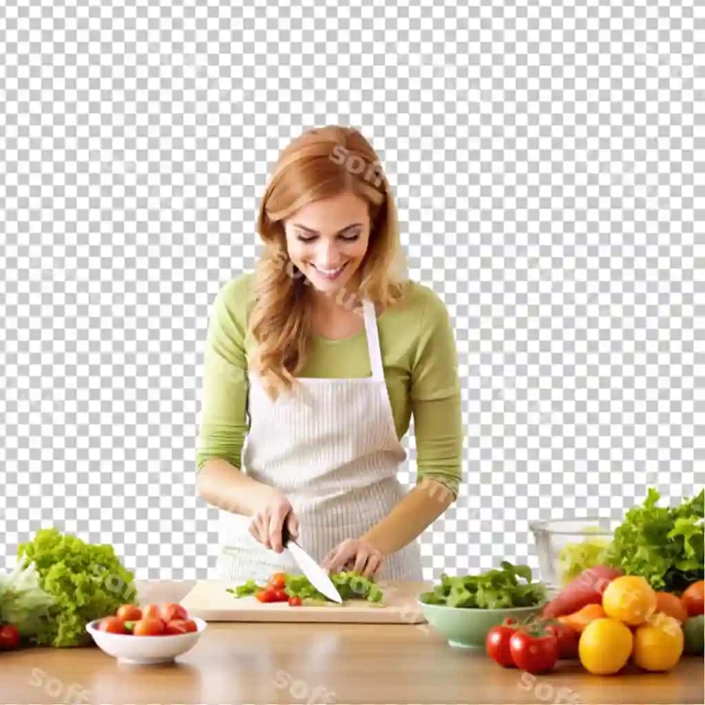 Ayol o'z mahkumasida sog'liqli ovqat tayyorlayotgan shaffof fonda bilan | Woman preparing healthy food her kitchen whey transparent background