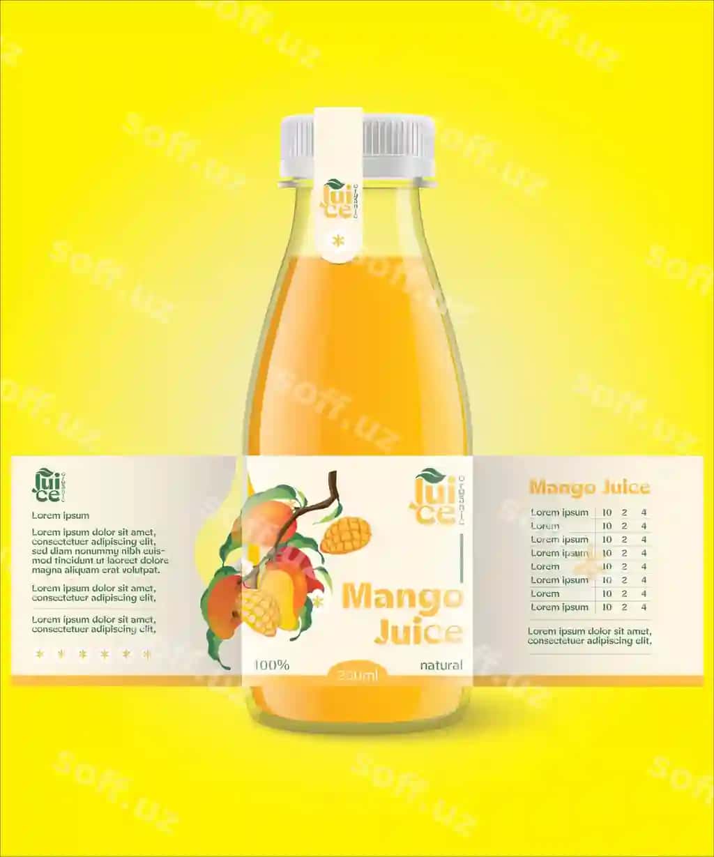 Shirin mangu suvi flakon etiketi paket shabloni dizayni etiket dizayni mockup | Mango juice bottle label package template design label design mockup