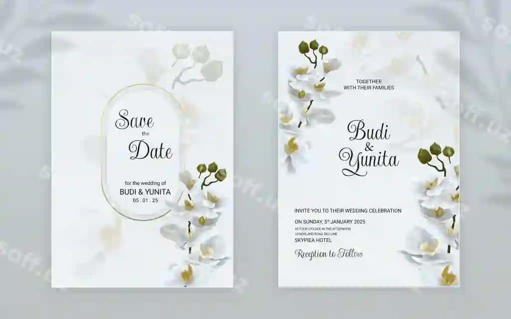 Psd ikki tomonlama tur uylanish taklifi kartochkasi shabloni vintage oq | Psd double sided wedding invitation card template with vintage white