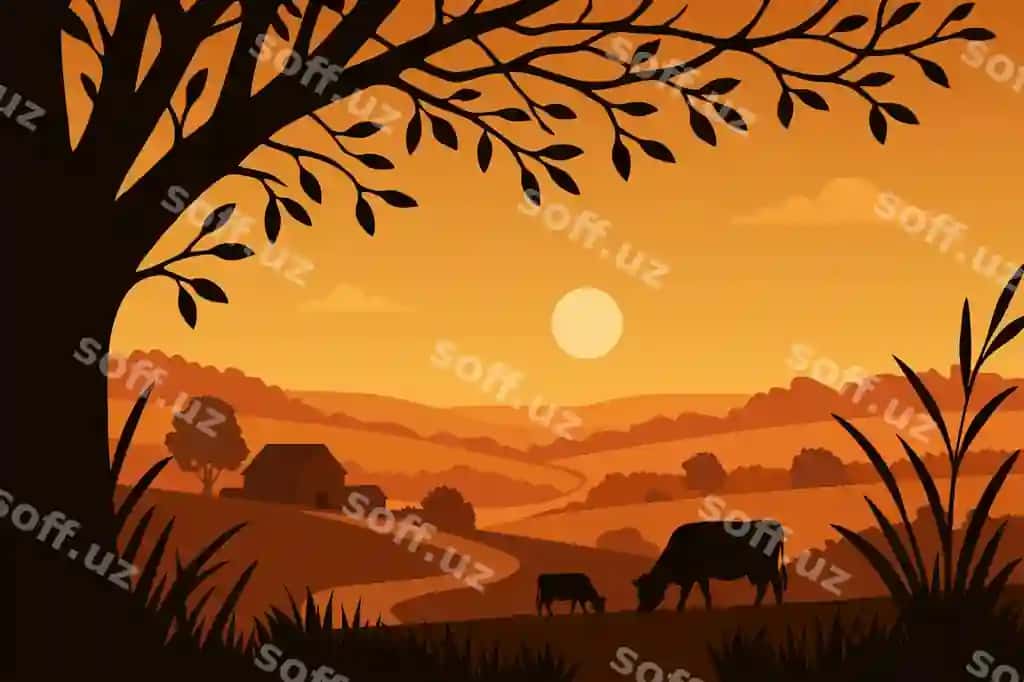 O't yiyishmoqda sigirlar chiroyli apelsin rangli quyosh botishi manzarasida joylashgan qishloq ferma maydoni. | Cows grazing rural farm field beautiful orange sunset landscape
