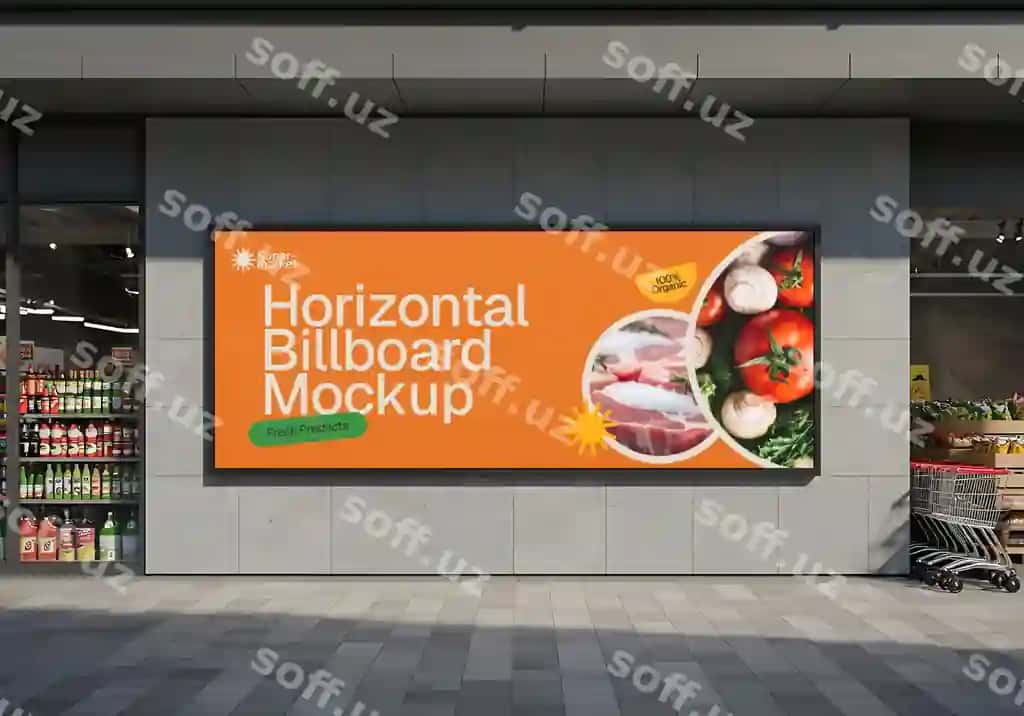 Gorizontal supermarket tashqarisida joylashgan yangi mevalar va sabzavotlar reklamasi billboardi namunasi | Horizontal billboard mockup outside supermarket fresh produce advertisement