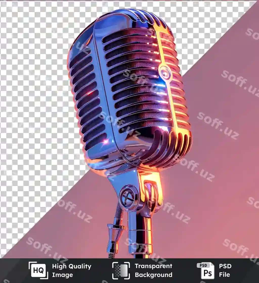 Shaffof ob'ekt mikrofoni yorqinlashgan binafshek rangli osmon kontrasida baland turadi. | Transparent object microphone stands tall against pink sky illuminated