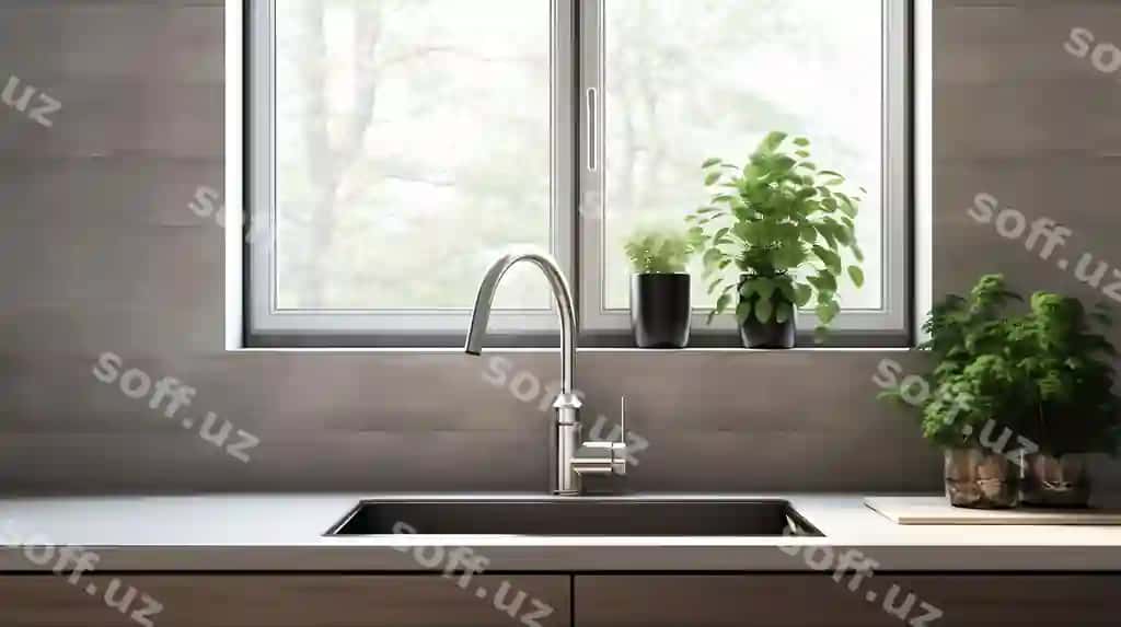 Oshpazlikdagi chayvora derazasida o'simlik bor. | Kitchen sink with window that has plant it