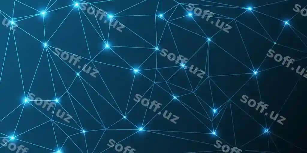 Abstrakt tarmoq yorqin nuqtalar chiziqlar to'lqin bog'langan tug'ilmalar | Abstract network glowing points lines wave interconnected nodes