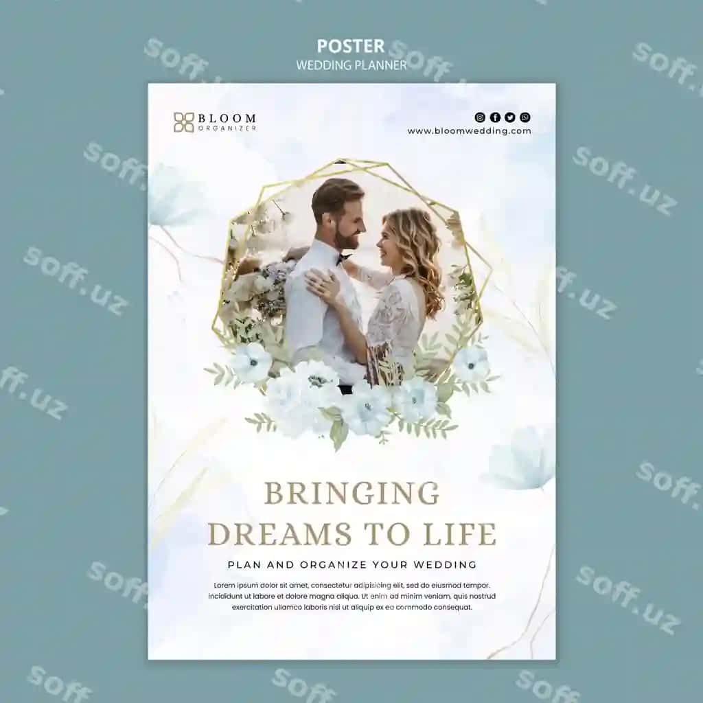 Turmova rejadori uchun vertikal plakat shabloni akvaramalı gulli dizayn | Wedding planner vertical poster template with watercolor floral