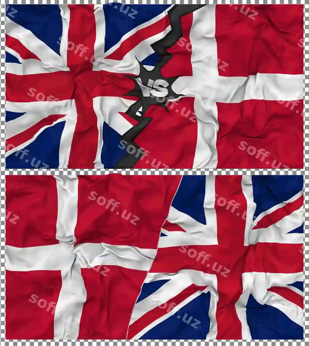 Daniya qarshi Birlashgan Qirollik yarımi birlashtirilgan bayroq mato teksturasi | Denmark vs united kingdom half combined flag cloth bump texture