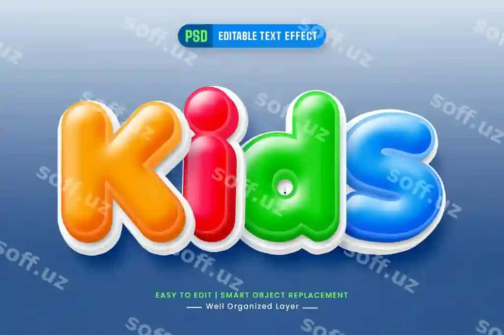 Rangli bolalar karykaturlari 3D tahrirlanga matn uslubi effekt dizayni | Colorful kids cartoon 3d editable text style effect design