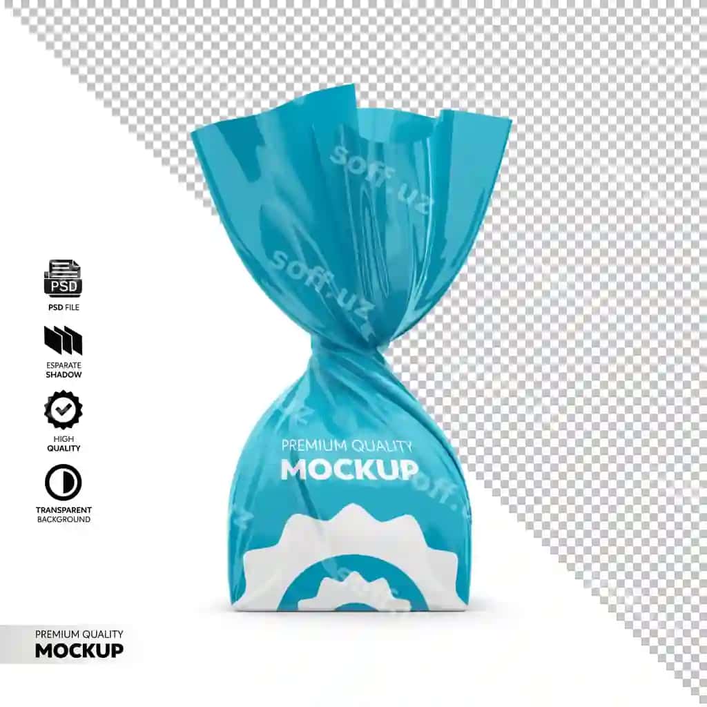 Haqiqiy ko'klik rangidagi konfetali qadoq mockupi, shaffof fonda | Realistic blue candy wrapper mockup with transparent background