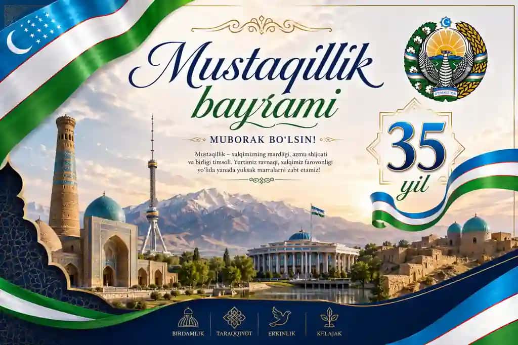 O‘zbekiston Mustaqillik Bayrami — 35 Yillik Muborak Tabriknoma Dizayni