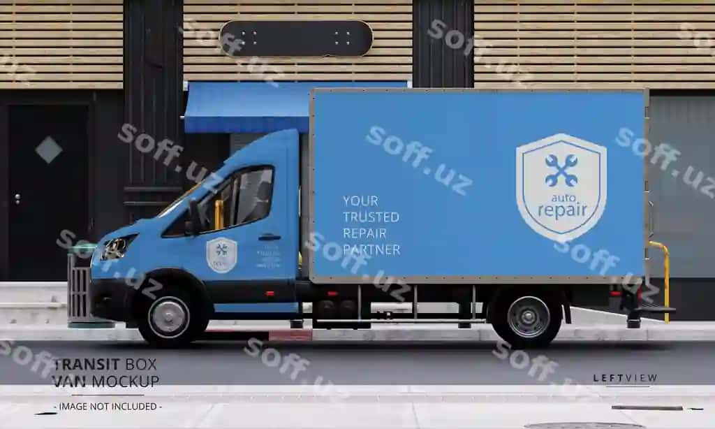 Transit qutili furgon namuna ko'chasini chap tomondan ko'rinish | Transit box van mockup street from left side view