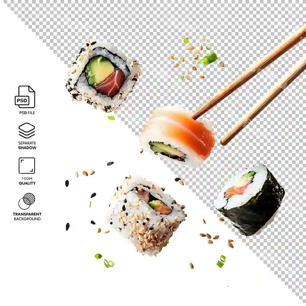 Uchishchi bo'laklar sushi orqa fonda bo'lmasdan ajraltirilgan | Flying pieces sushi isolated without background 2