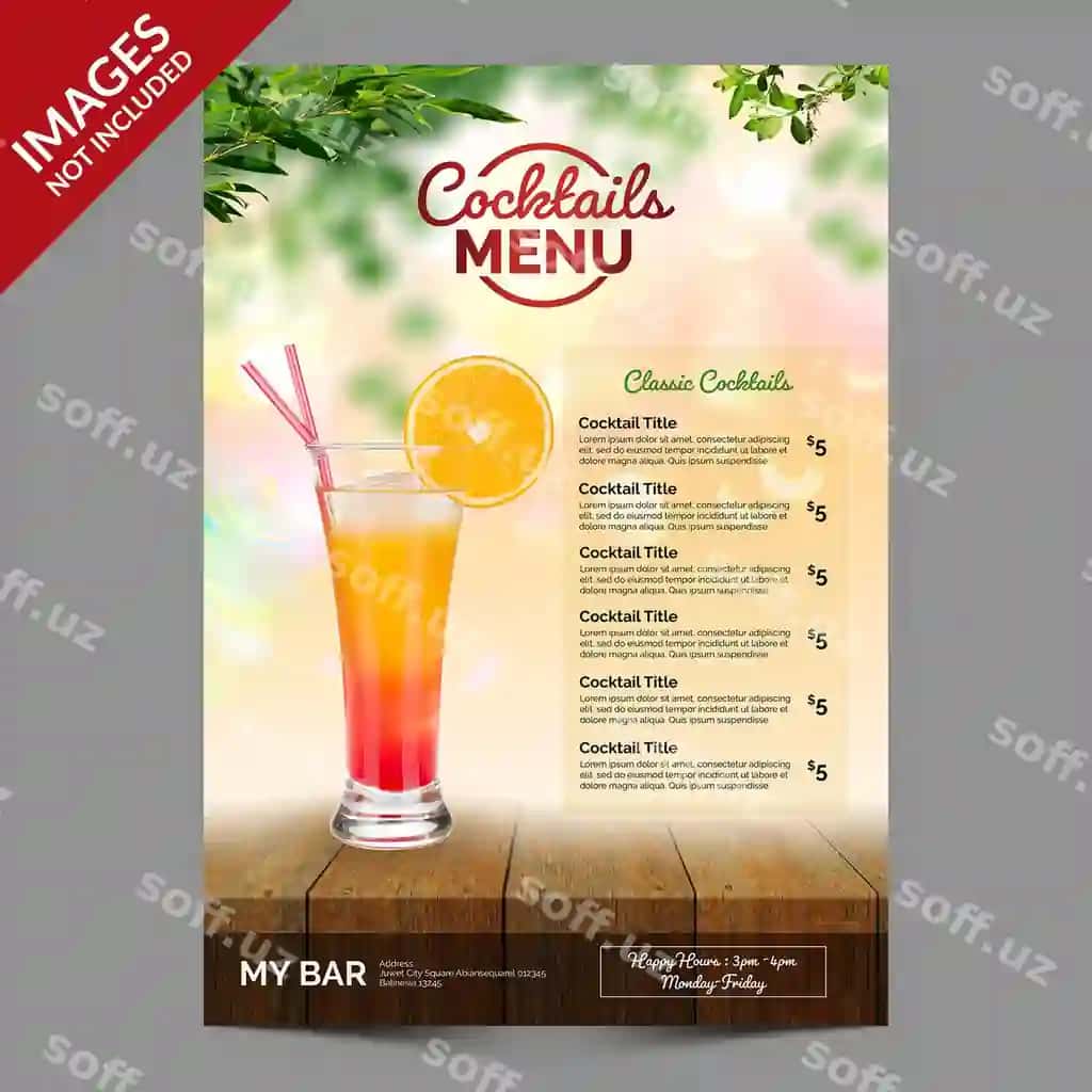 Freshhappy soatlari kokteyl menyusi shabloni | Freshhappy hours cocktail menu template