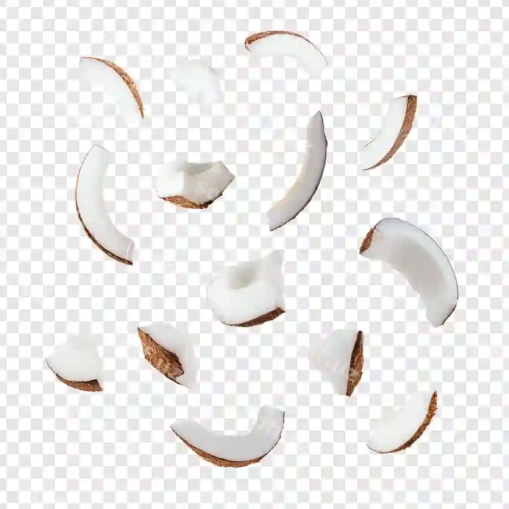 Suziladigan nong'oshtiye qismlari shaffof orqa fonda | Floating coconut pieces transparent background