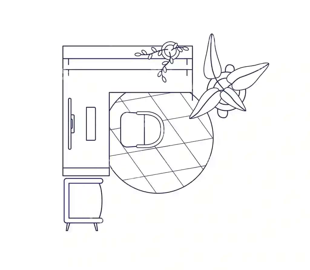Ish joyi ichki yuqori ko'rinish, chegaralanma ofis joylashuvi, overhead dizayn | Workplace interior top view outlined office layout overhead design