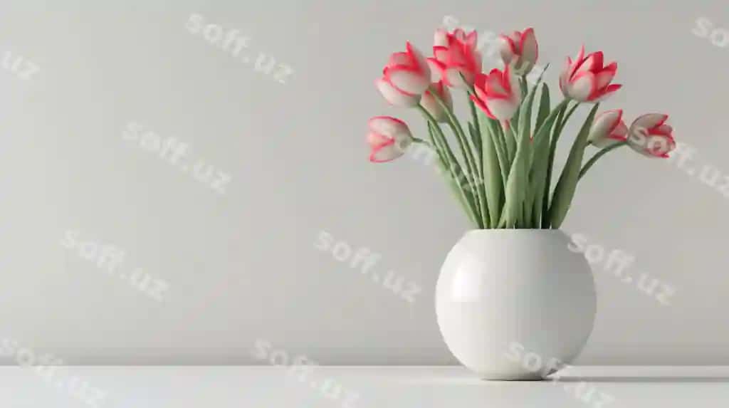 3d illustratsiya qizil oq lola qushag'i oq fonda | 3d illustration red white tulips vase against white background 2