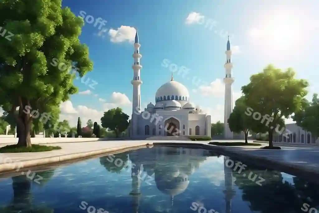 Masjid aks ettirilgan osmon va daraxtlar orqa fonda | Mosque with reflection sky trees background 2