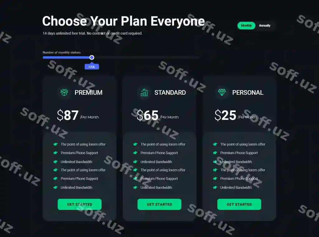 3 reja narxlar jadvali shablon dizayni qorong'iq mavzu | 3 plan pricing table template design dark theme 2