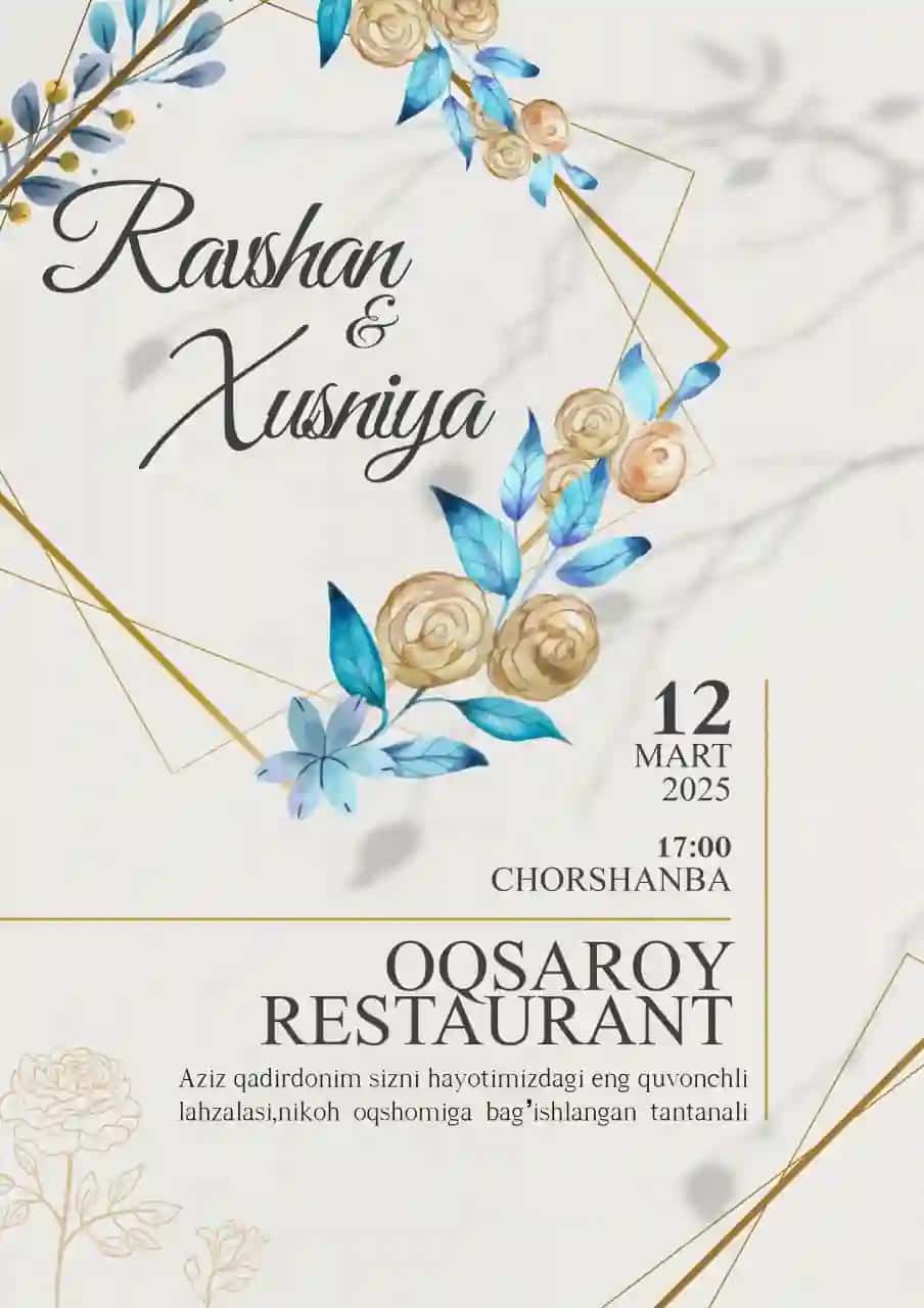 🌿 Nikoh Taklifnomasi — "Ravshan & Xusniya" PSD Shablon