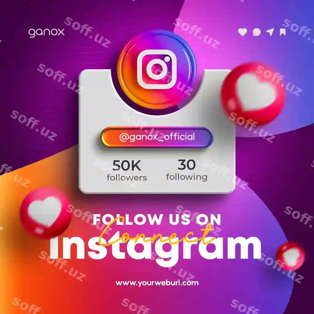 Kuzatib boring bizni Instagram Ijtimoiy tarmoqlar posti 3D render banner | Follow us instagram social media post 3d render banner 2