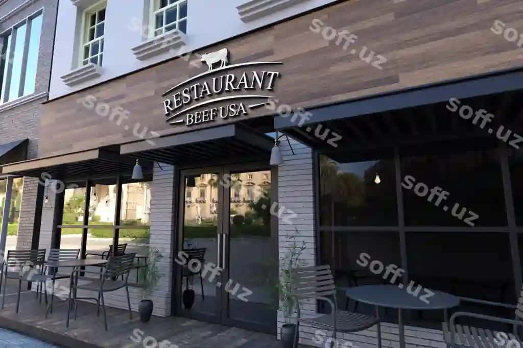 3D hromli logotip namunasi klassik restoran fassadi | 3d chrome logo mockup classic restaurant facade