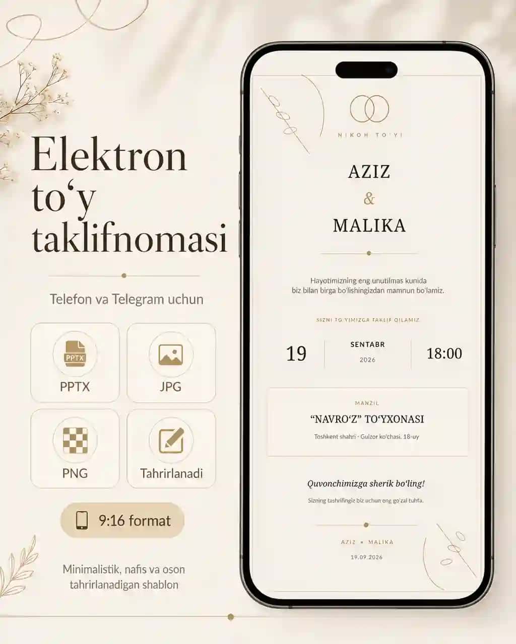 Zamonaviy elektron to‘y taklifnomasi | Telefon va Telegram uchun | PPTX + JPG + PNG