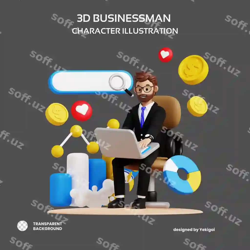 Biznes erkak laptopda ko'rib chiqish 3d shaxs illustratsiyasi uiux veb | Business man browsing laptop 3d character illustration uiux web