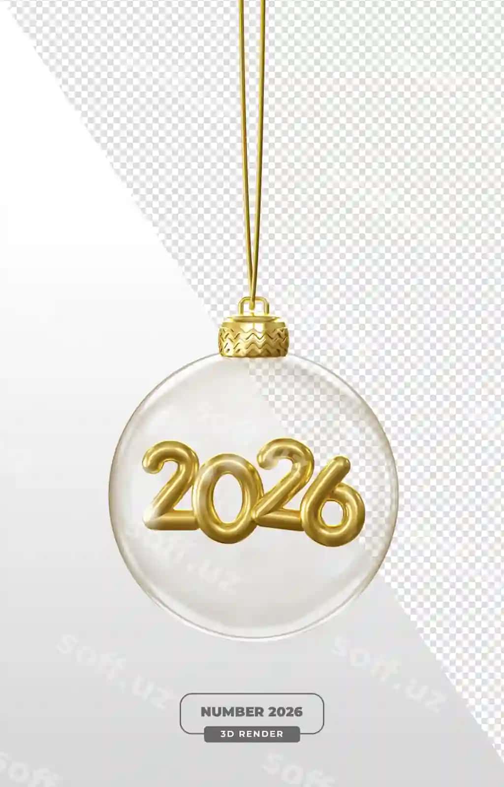 Oltin 2026 asrashli bezatma 3D render shaffof fonda | Golden 2026 hanging ornament 3d render with transparent background