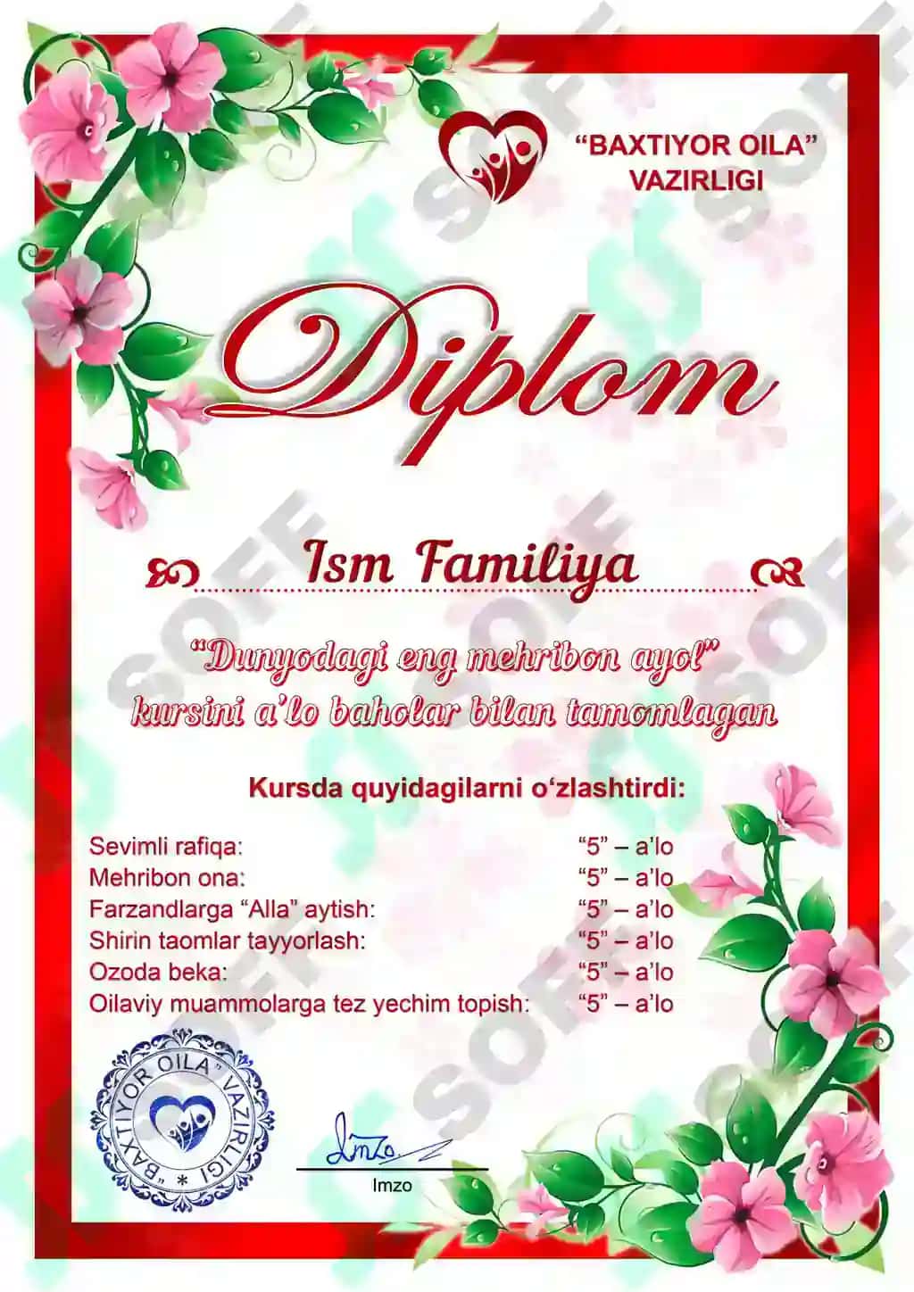Dunyodagi eng mehribon ayol - Diplom shablon Word 3