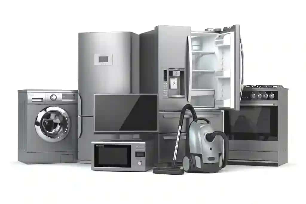 Maishiy texnika to'plami maishiy oshxona texnikasi izolyatsiyalangan oq fon muzlatgichli gazli pech mikroto'lqinli pech kir yuvish mashinasi changyutgich 3d | Home appliances set household kitchen technics isolated white background fridge gas cooker microwave oven washing machine vacuum cleaner 3d