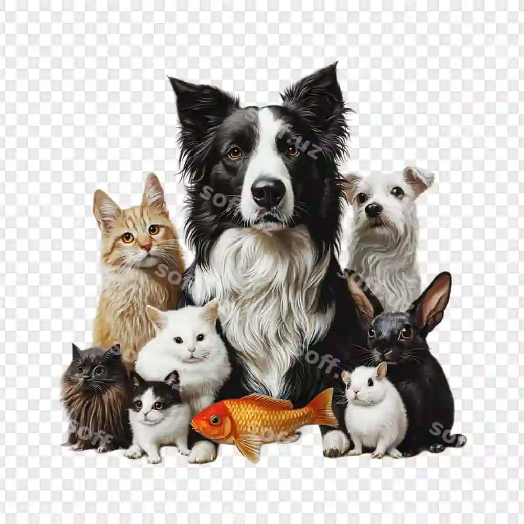 Chiroyli uy hayvonlari birgalikda ajraltirilgan shaffof fonda | Adorable pets together isolated transparent background