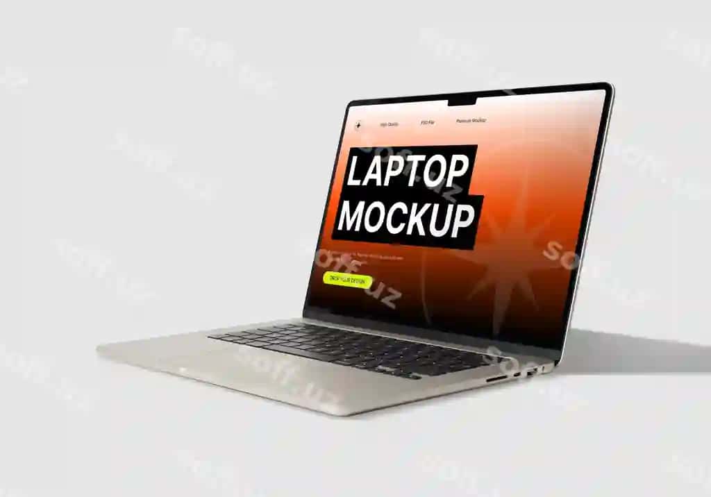 Perspektiva laptop mockup veb-sayt ilova ko'rinishi | Perspective laptop mockup website application preview