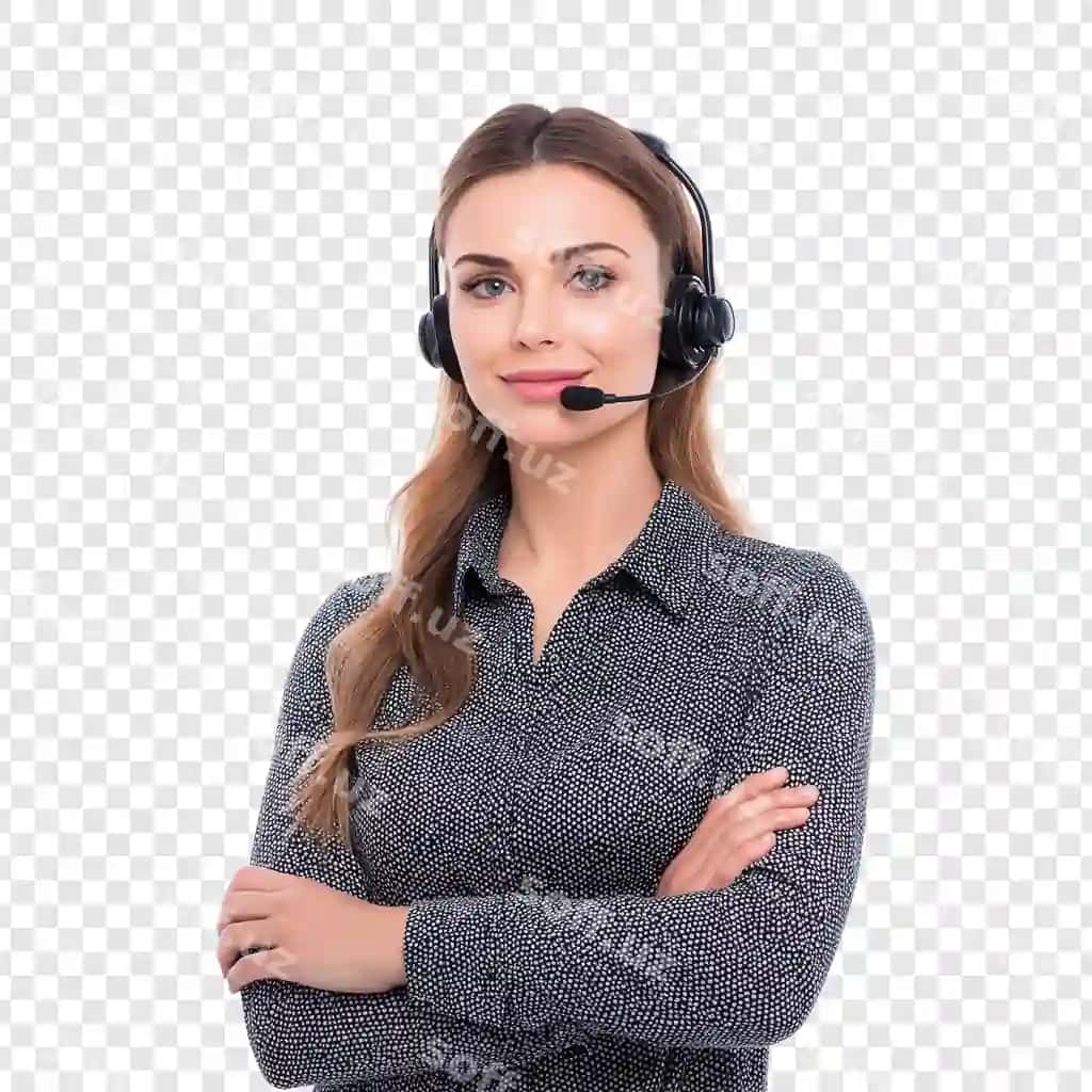 Mijoz xizmati mutaxassis headset bilan qo'llari qirqilgan gulmoqda | Customer service representative with headset smiling with arms crossed