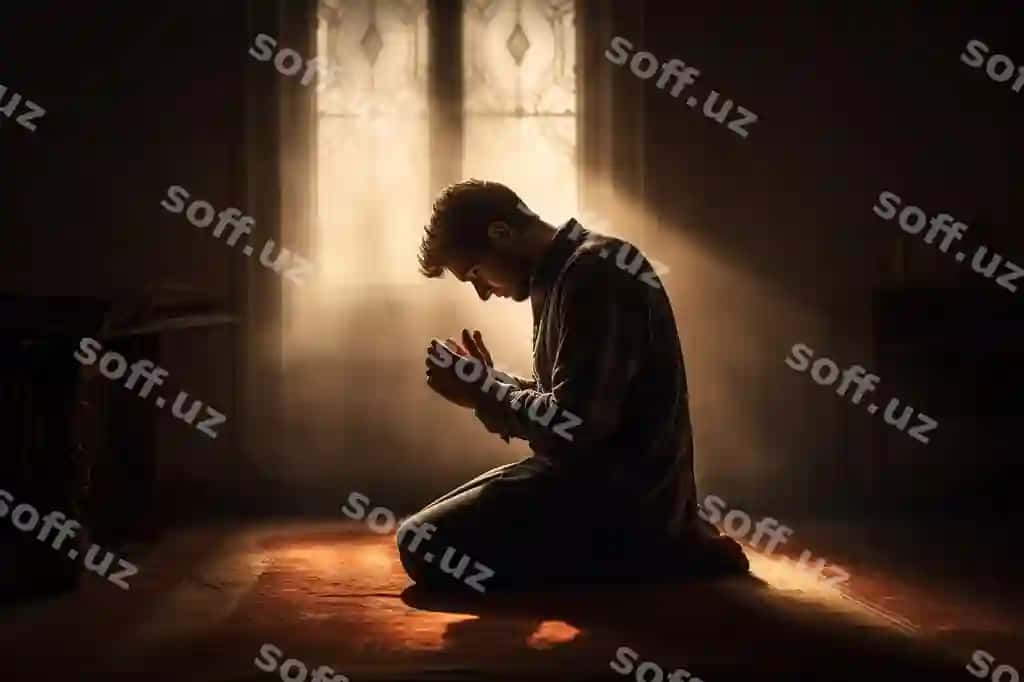 Vijdonli muruqiyat chuqur kasbiy fotosurat erkak qo'lga tushgan namoz zamonaviy | Faithful contemplation profound professional photo capturing man kneeling prayer modern 2