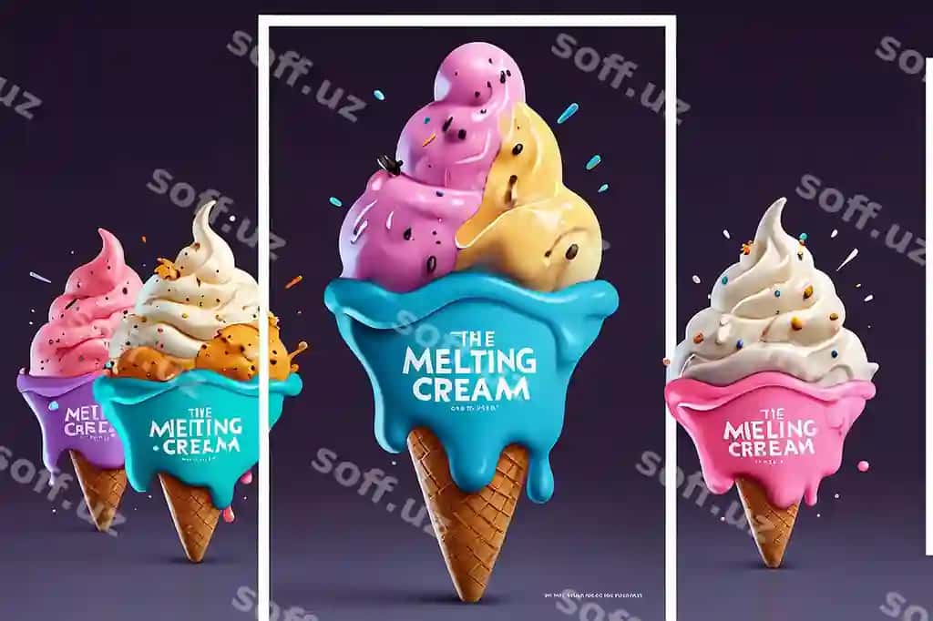 Poster ovqat ishlab chiqish kompaniyasi, eriyuvchi muz qrimiz nomli. | Poster food production company called melting ice cream