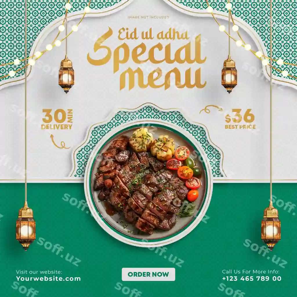 Qurbon hayiti maxsus ovqat menyusi uchun ijtimoiy tarmoqlar posti dizayn shabloni | Eid ul adha special food menu social media post design template