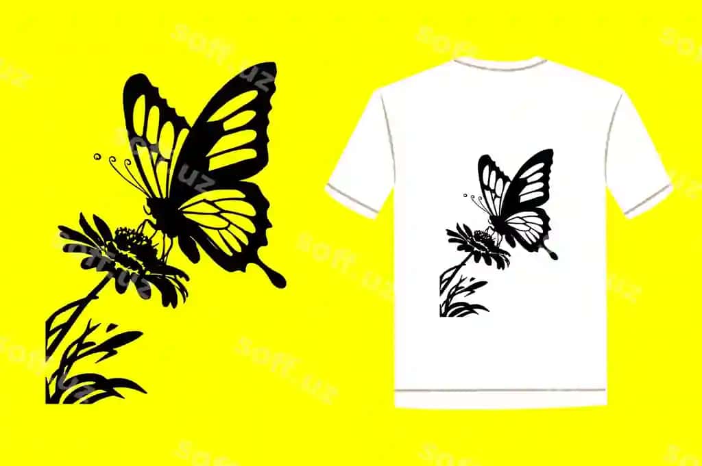 Kapalaklar tasvirlangan oq futbolka, sariq fonda ko'rsatilgan | White t shirt with butterflies it is displayed yellow background 2