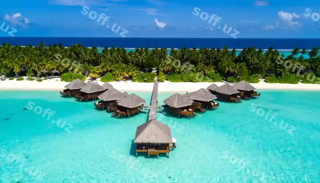Su ustida turgan bungalojlar ko'k-hijrang lagoona paradiz | Overwater bungalows turquoise lagoon paradise